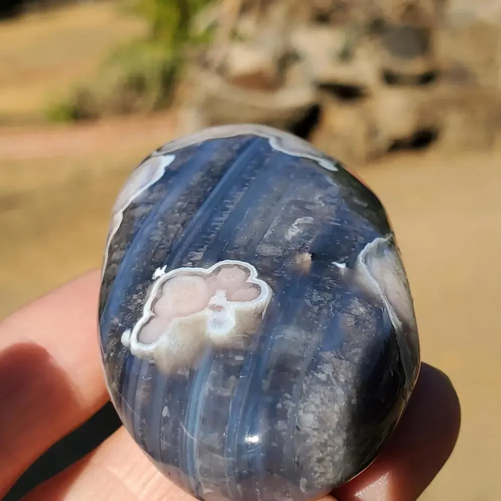 Blue Flower Blossom Agate Translucent Palmstone Crystal 68 grams